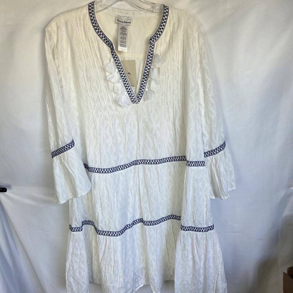 NWT Tommy Bahama XL White Cotton Clip Embroidered Tier Dress Tassel Boho - Picture 2 of 10